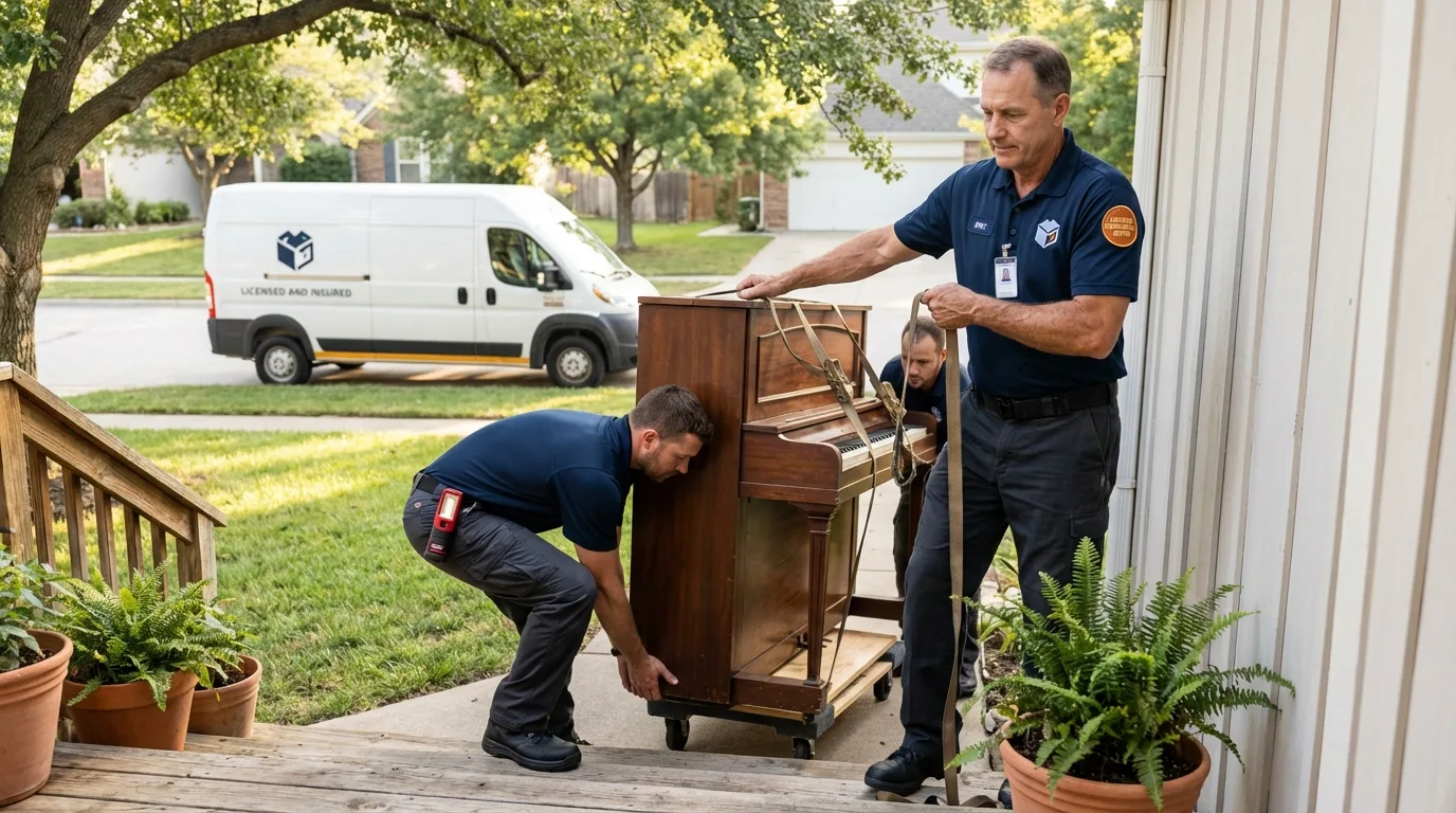 Licensed piano movers securing grand piano in Brevard, NC