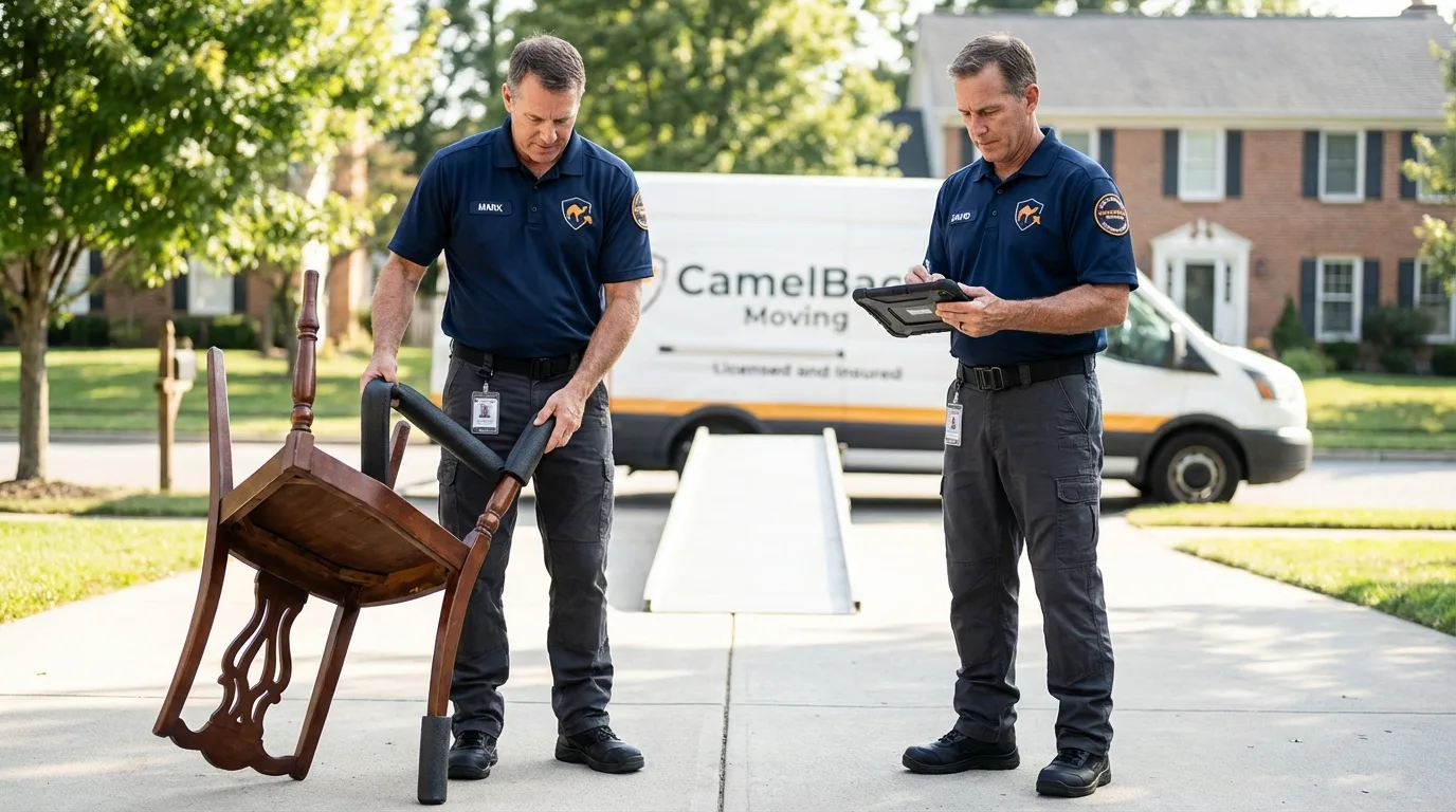 Movers inspecting furniture for damage prevention before loading in Brevard, NC