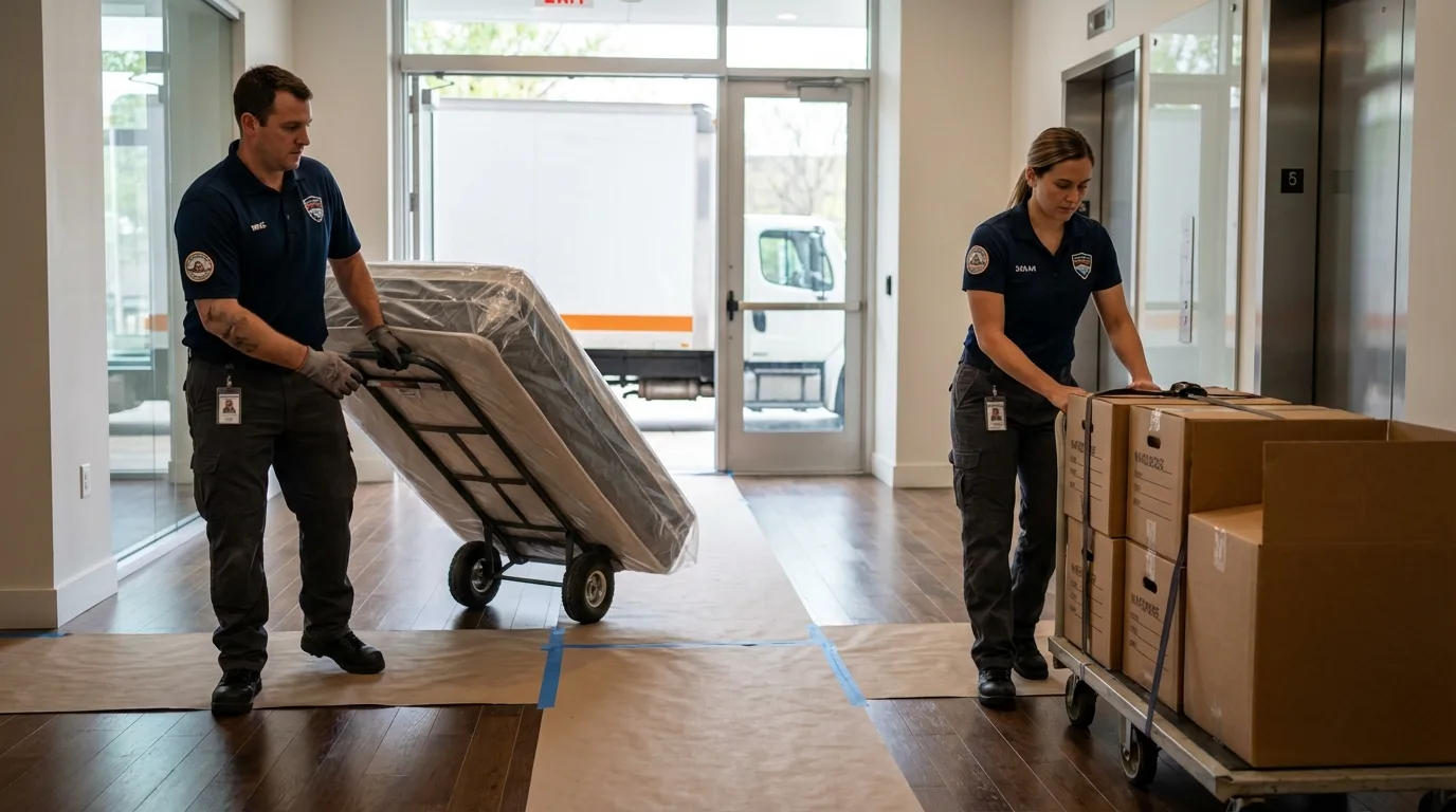 Professional apartment movers loading elevator in Brevard, NC